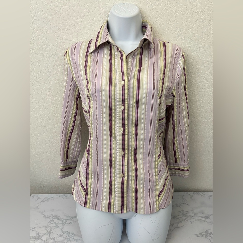 Fred David Stretch button Down Blouse Striped Shirt Long Sleeve Women’s M VTG​​
